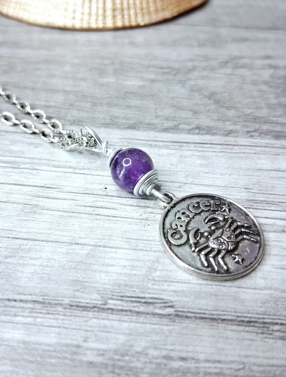 Amethyst Cancer Zodiac Choker Necklace Beaded Pendant